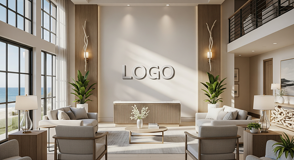 Executive Coach Coastal Lobby Branded Virtual Office Background with Company Logo - Executive