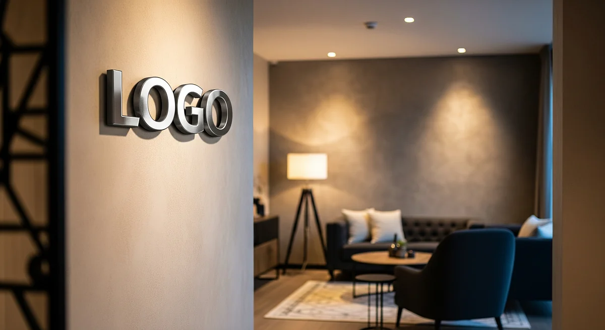 Real Estate Developer Homey Lounge Branded Virtual Office Background with Company Logo - Finance