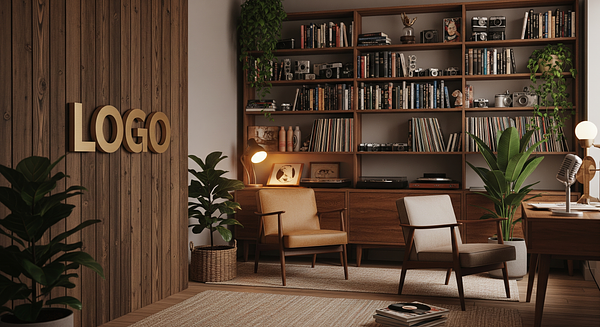 Media Bohemian Library Branded Virtual Office Background with Company Logo - Legal