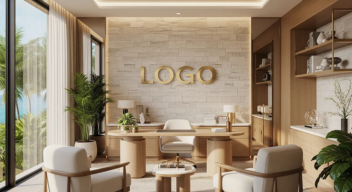 Luxury Real Estate Tropical Private Office Branded Virtual Office Background with Company Logo - Vintage