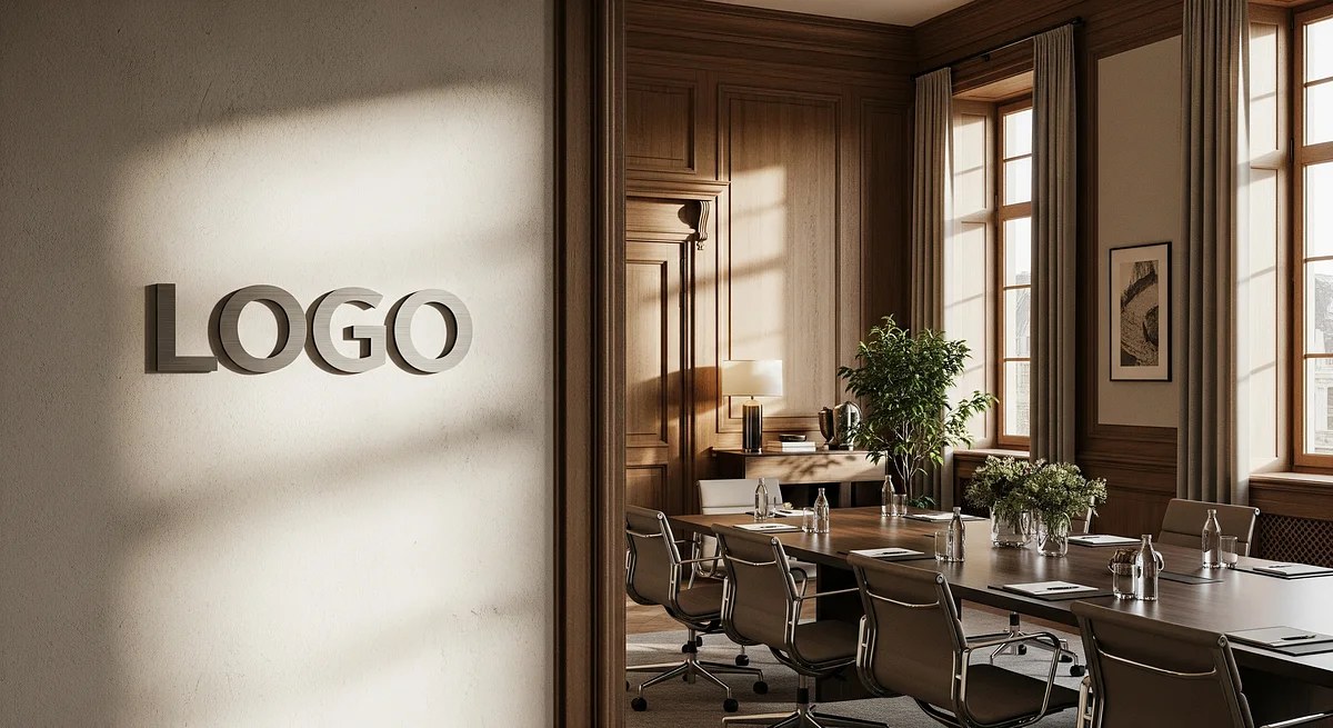 Real Estate Developer Timeless Conference Room Branded Virtual Office Background with Company Logo - Finance