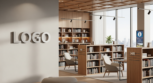 HR Modern Library Branded Virtual Office Background with Company Logo - Modern