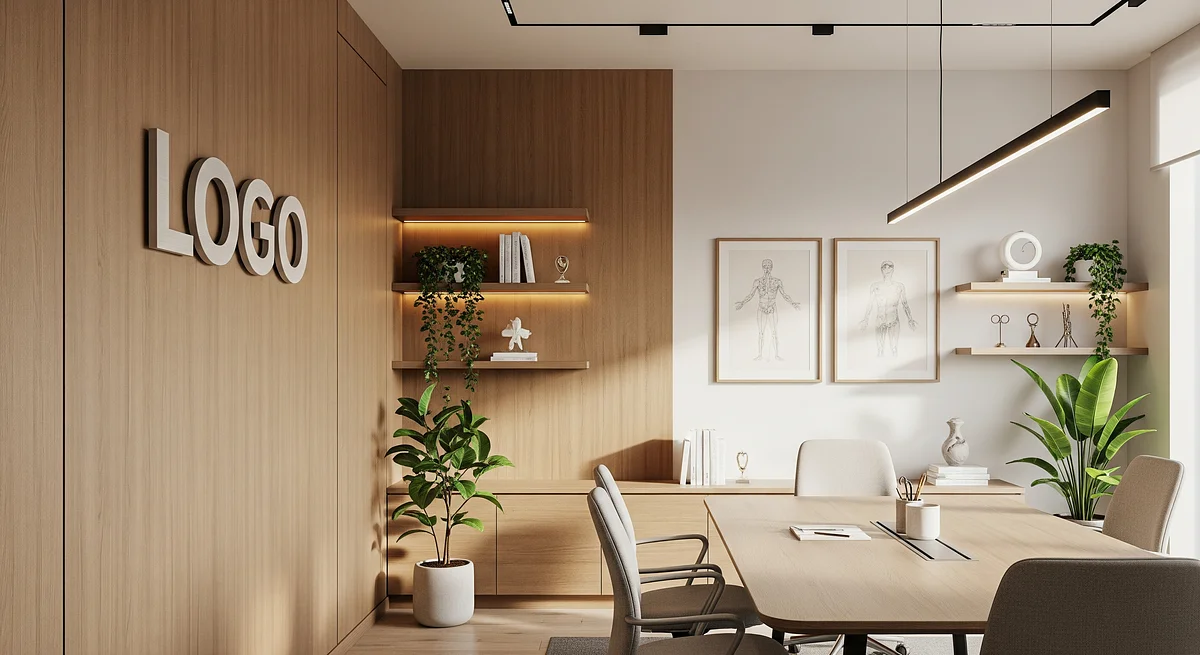 Physician Natural Meeting Room Branded Virtual Office Background with Company Logo - Real Estate