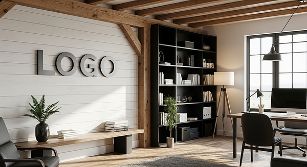 Tech Startup Farmhouse Den Branded Virtual Office Background with Company Logo - Consulting