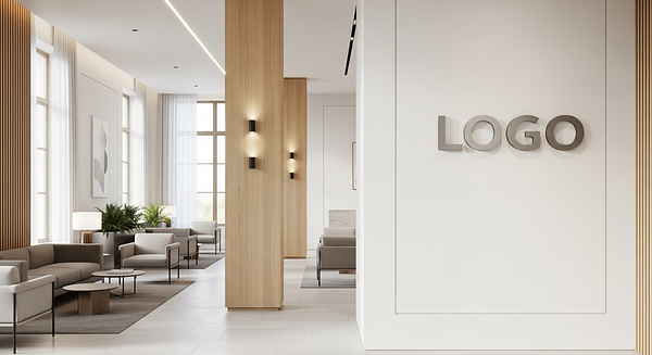 Attorney Scandinavian Lobby Branded Virtual Office Background with Company Logo - Startup