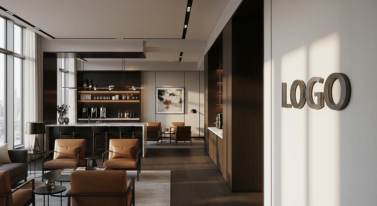 Venture Capital Executive Lounge Branded Virtual Office Background with Company Logo - Corporate