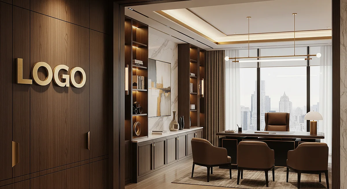 Law Firm Opulent Executive Office Branded Virtual Office Background with Company Logo - Real Estate