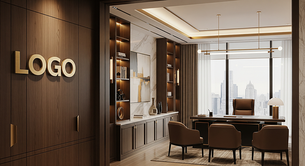 Law Firm Opulent Executive Office Branded Virtual Office Background with Company Logo - Real Estate