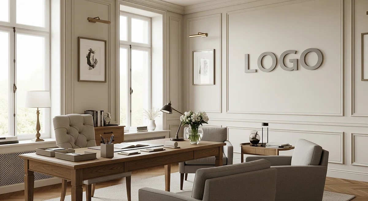 Marketing Agency French Provincial Private Office Branded Virtual Office Background with Company Logo - Industrial