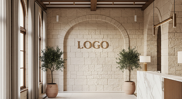 Attorney Mediterranean Lobby Branded Virtual Office Background with Company Logo - Vintage