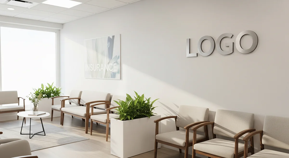 Insurance Inviting Waiting Room Branded Virtual Office Background with Company Logo - Real Estate
