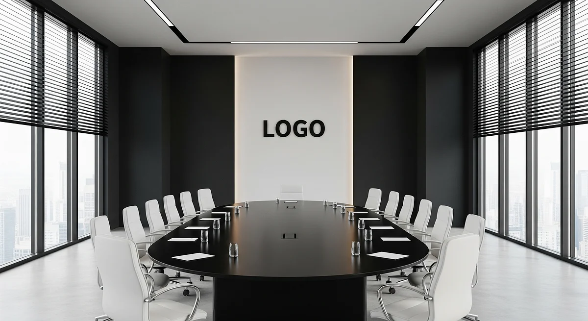 Modern Boardroom Elegance Branded Virtual Office Background with Company Logo - Corporate