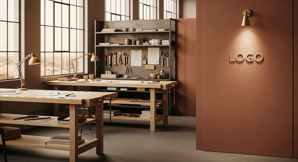 Sienna Maple Workshop Branded Virtual Office Background with Company Logo - Creative