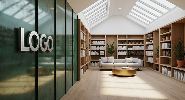 Verdigris Atrium Reading Loft Branded Virtual Office Background with Company Logo - Corporate