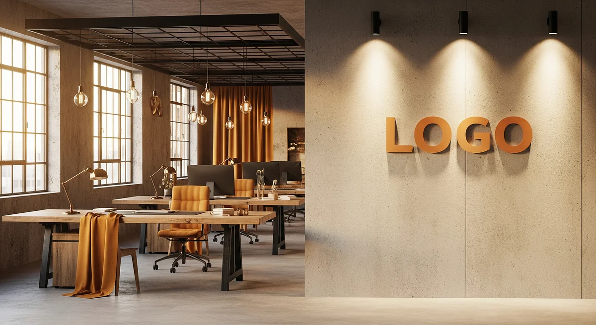 Ochre Drift Design Loft Branded Virtual Office Background with Company Logo - Creative