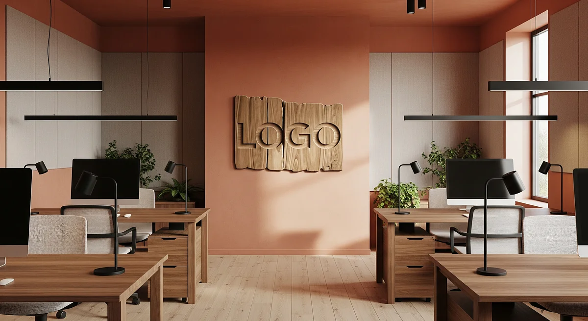 Terracotta Linen Innovation Hub Branded Virtual Office Background with Company Logo - Corporate