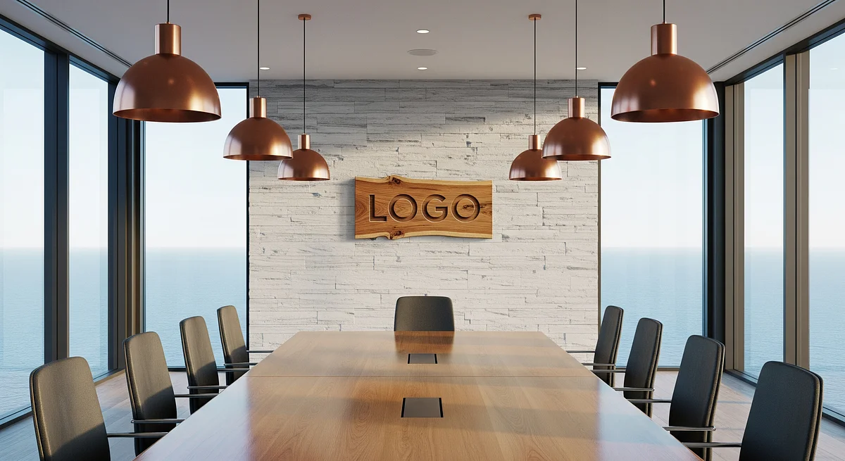 Copperleaf Oceanside Boardroom Branded Virtual Office Background with Company Logo - Corporate