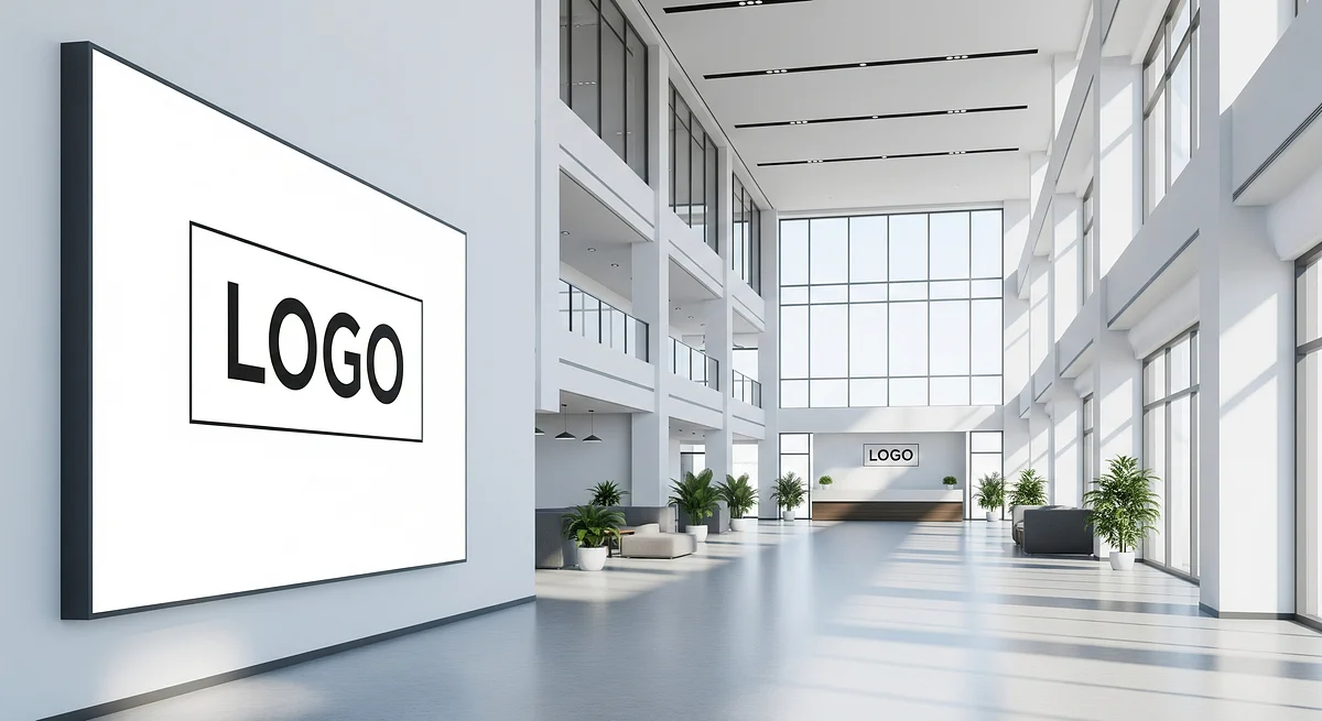 Modern Atrium Elegance Branded Virtual Office Background with Company Logo - Corporate