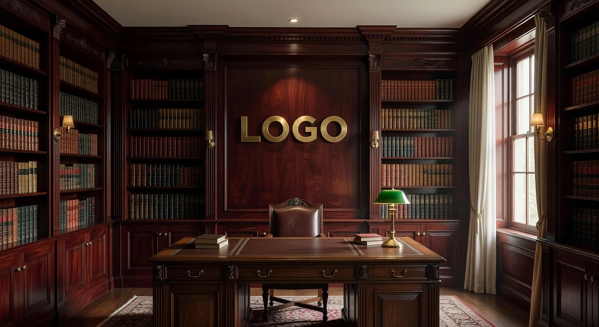 Executive Education Traditional Private Office Branded Virtual Office Background with Company Logo - Startup