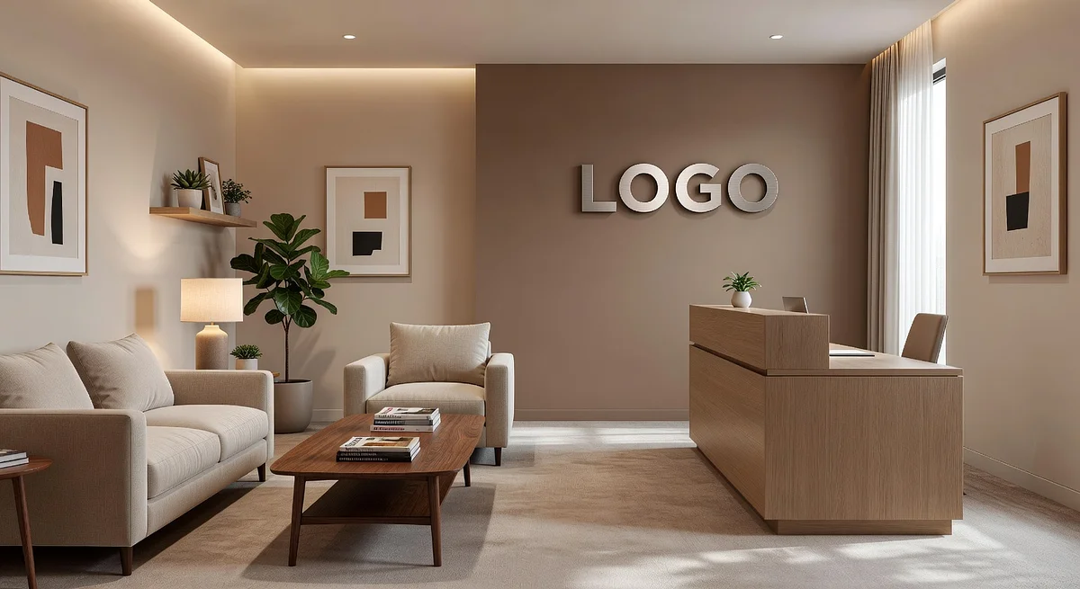 Financial Advisor Cozy Reception Branded Virtual Office Background with Company Logo - Industrial