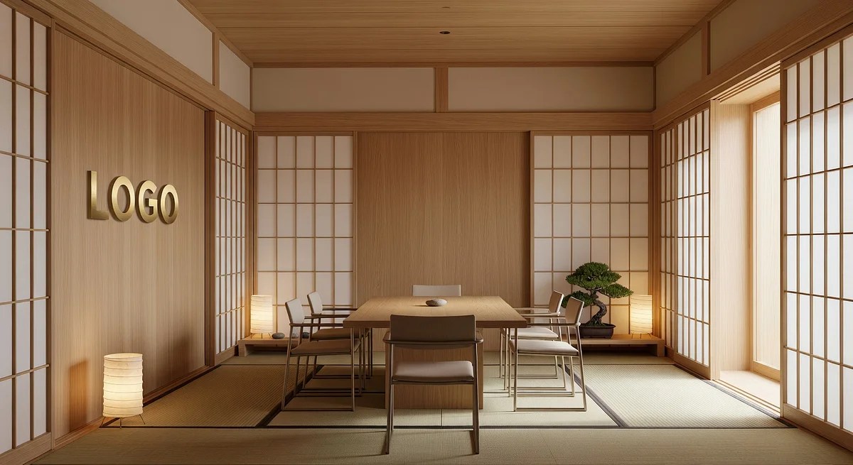 Architect Japanese Zen Conference Room Branded Virtual Office Background with Company Logo - Consulting