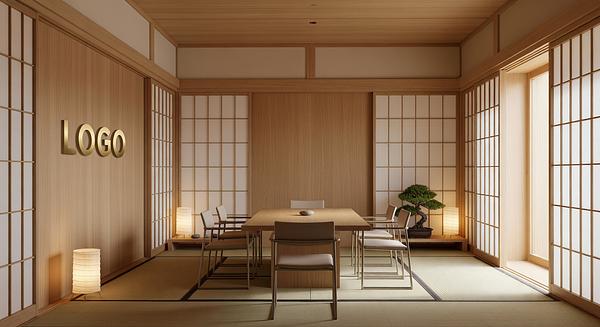 Architect Japanese Zen Conference Room Branded Virtual Office Background with Company Logo - Consulting
