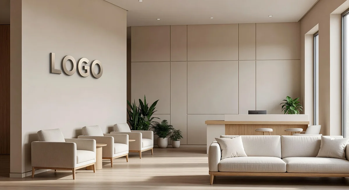 Doctor Contemporary Waiting Room Branded Virtual Office Background with Company Logo - Creative