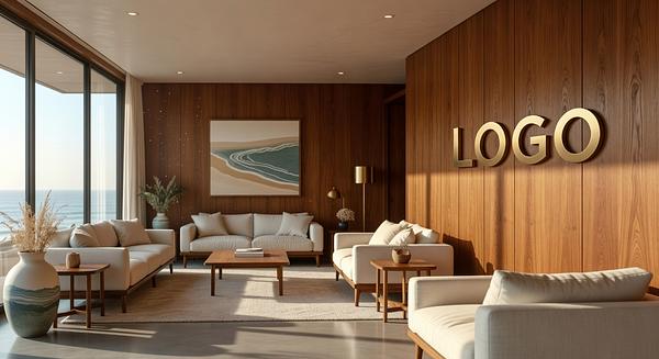 Malibu Business Coach Mid-Century Modern Lounge Branded Virtual Office Background with Company Logo - Startup