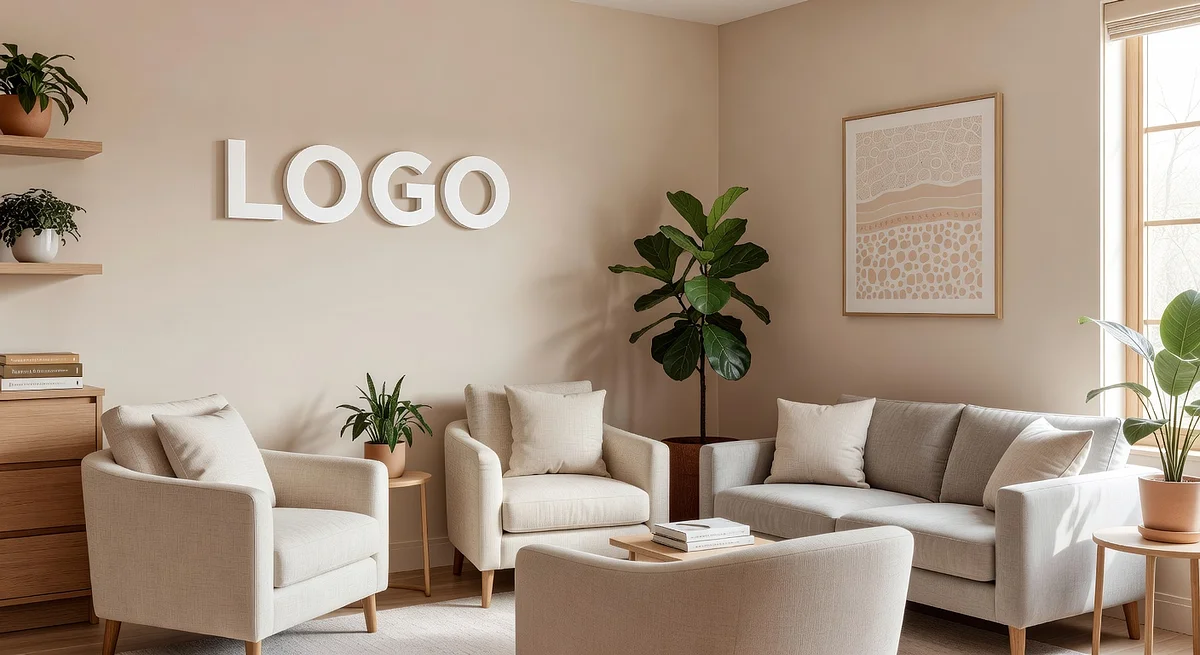 Dermatologist Homey Lounge Branded Virtual Office Background with Company Logo - Real Estate