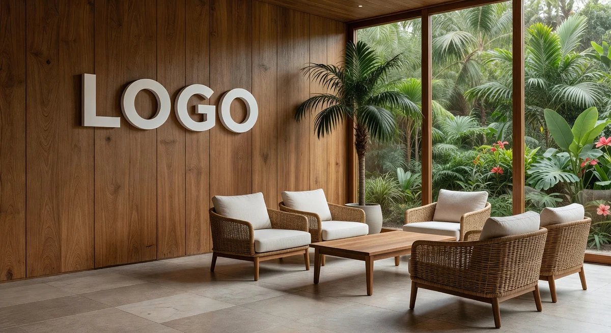 Real Estate Tropical Waiting Room Branded Virtual Office Background with Company Logo - Modern