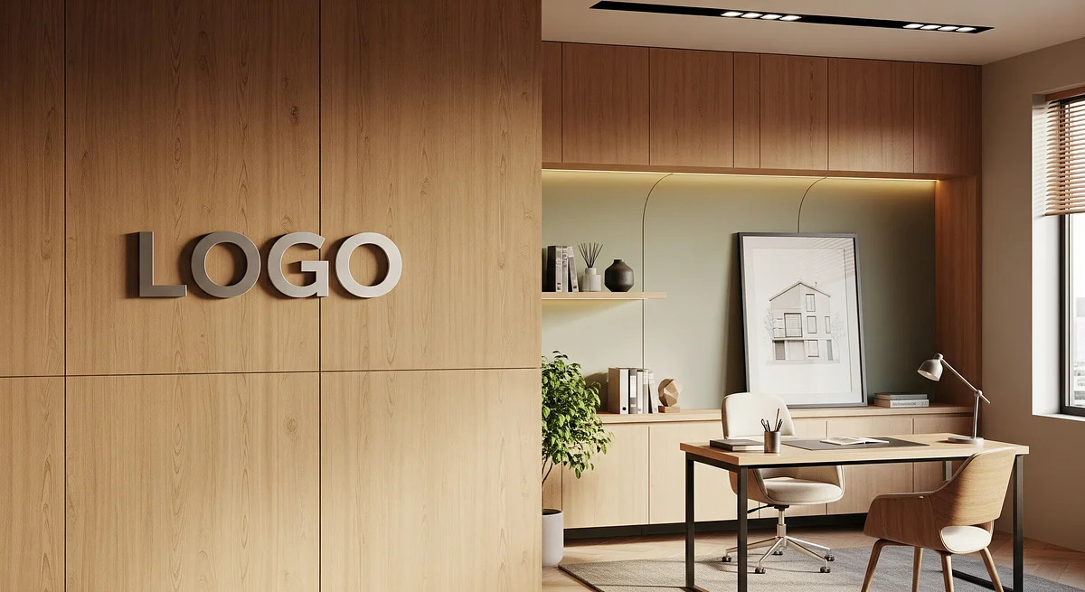 Property Management Comfortable Studio Branded Virtual Office Background with Company Logo - Modern