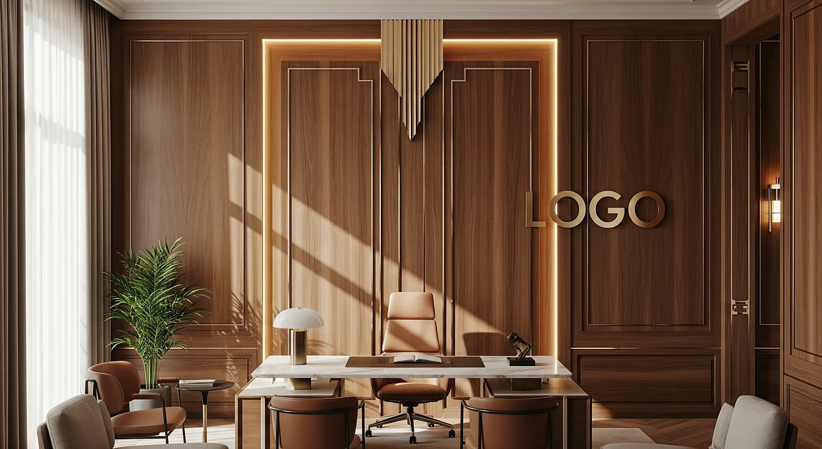 Wealth Management Art Deco Executive Office Branded Virtual Office Background with Company Logo - Creative