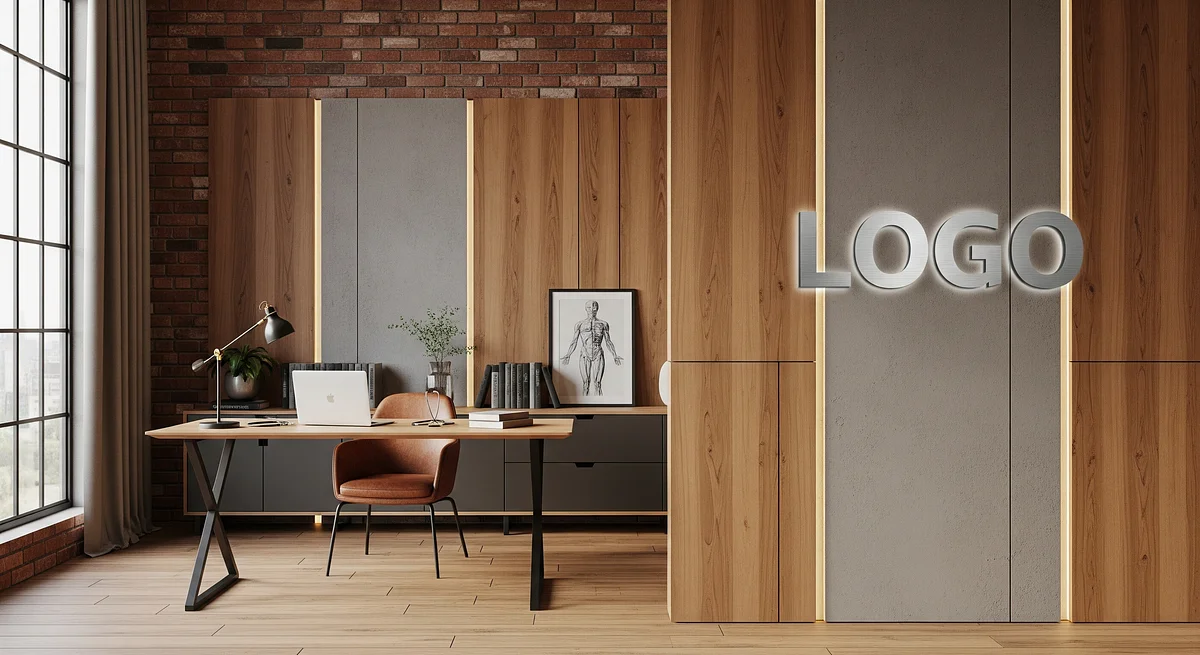 Physician Industrial Home Office Branded Virtual Office Background with Company Logo - Real Estate