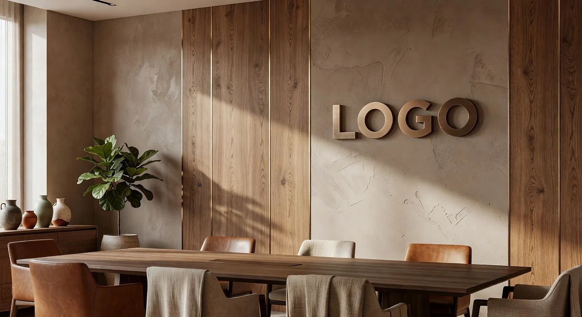 Private Banking Bohemian Boardroom Branded Virtual Office Background with Company Logo - Startup