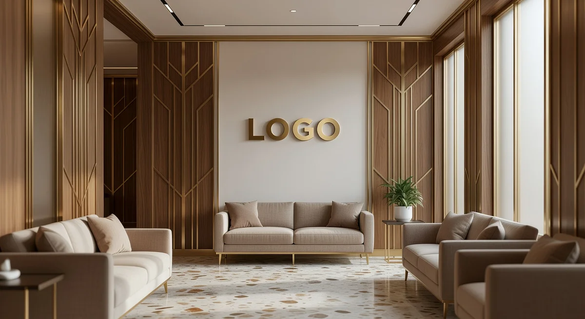 SaaS Art Deco Waiting Room Branded Virtual Office Background with Company Logo - Consulting