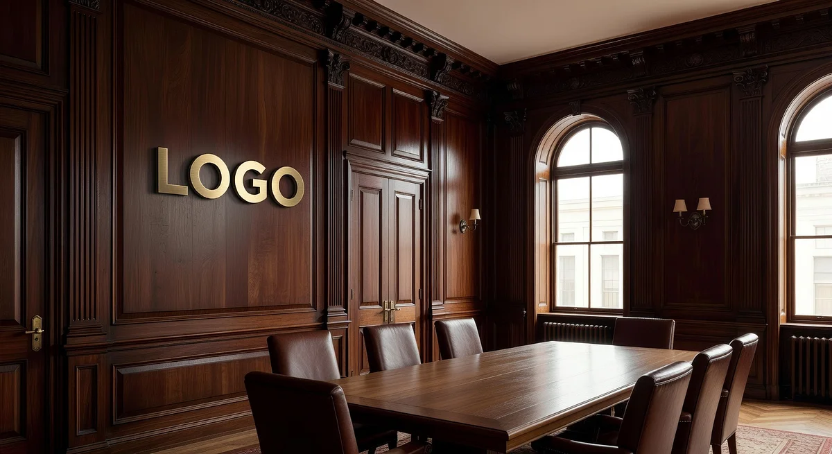 Law Firm Victorian Conference Room Branded Virtual Office Background with Company Logo - Legal