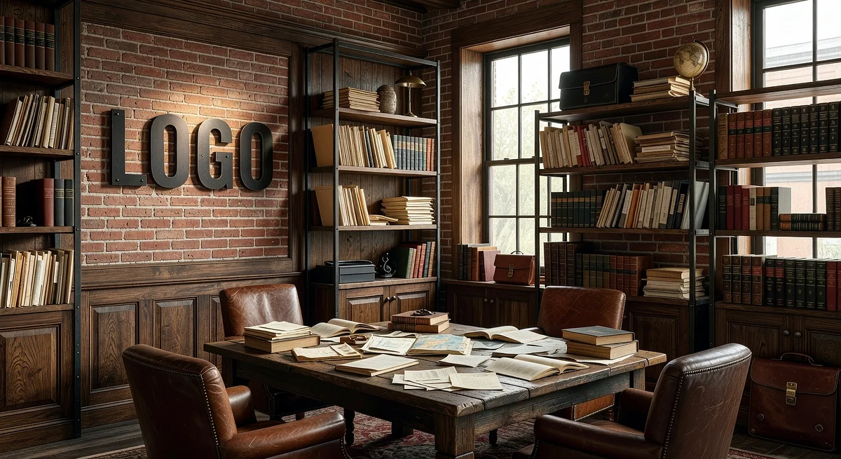 Attorney Bohemian War Room Branded Virtual Office Background with Company Logo - Finance