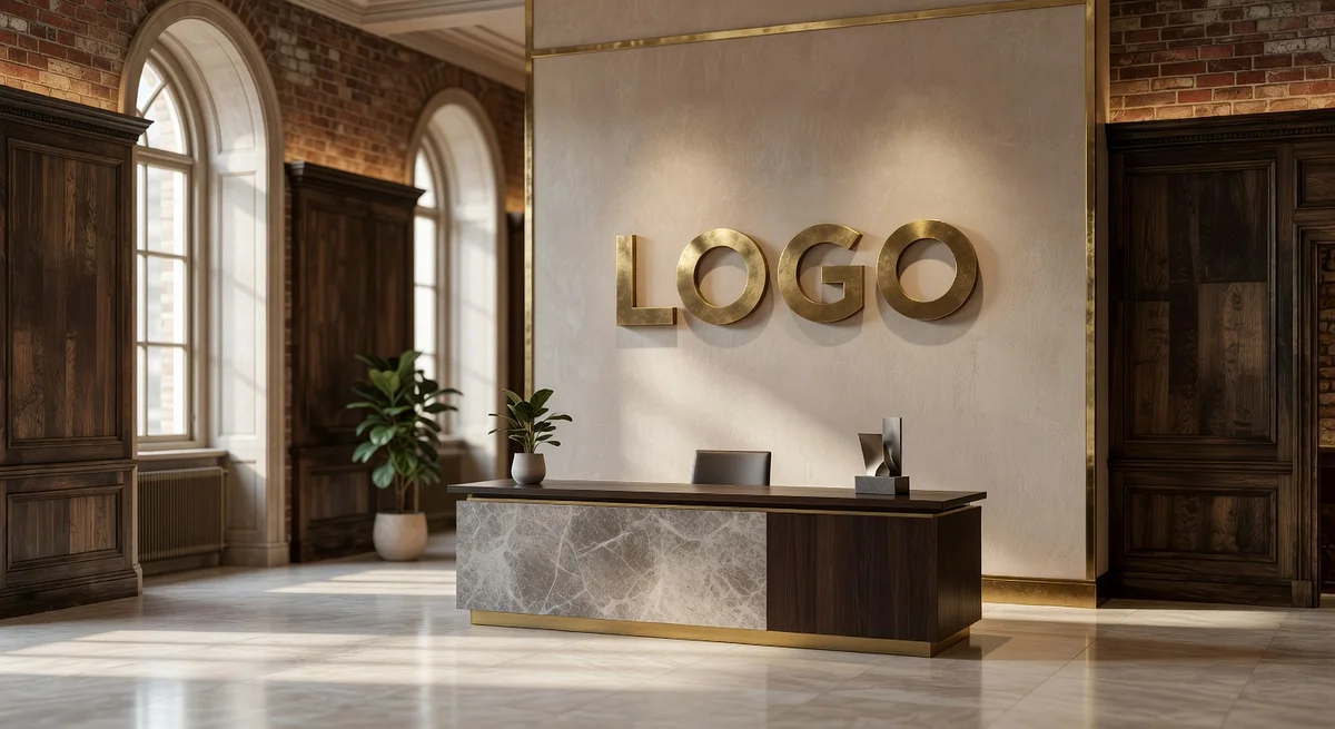 London Insurance Eclectic Reception Branded Virtual Office Background with Company Logo - Vintage