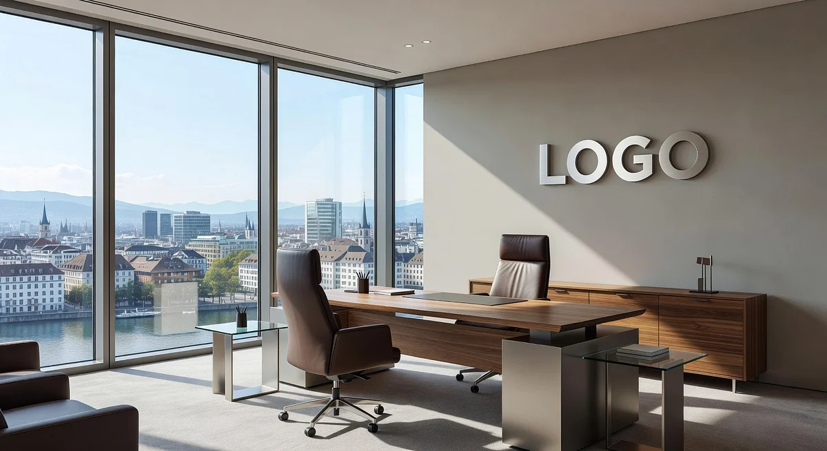 Zurich Asset Management Executive Corner Office Branded Virtual Office Background with Company Logo - Modern