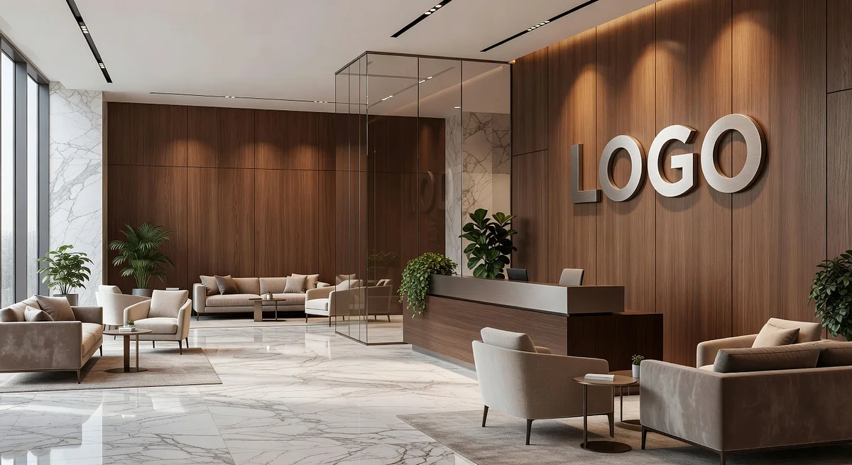 SaaS Traditional Lobby Branded Virtual Office Background with Company Logo - Startup