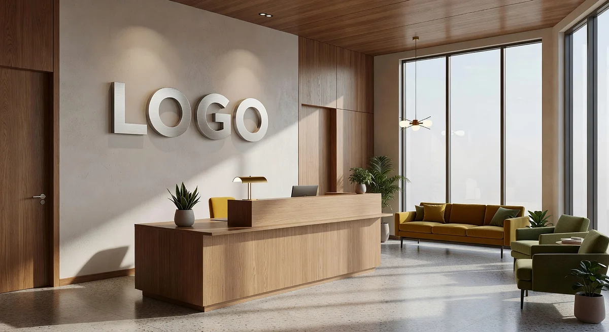 Creative Agency Mid-Century Modern Reception Branded Virtual Office Background with Company Logo - Finance