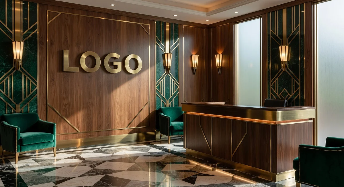 Portland Headhunter Art Deco Reception Branded Virtual Office Background with Company Logo - Boardroom