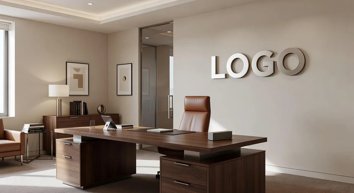 Media Sophisticated Executive Office Branded Virtual Office Background with Company Logo - Executive