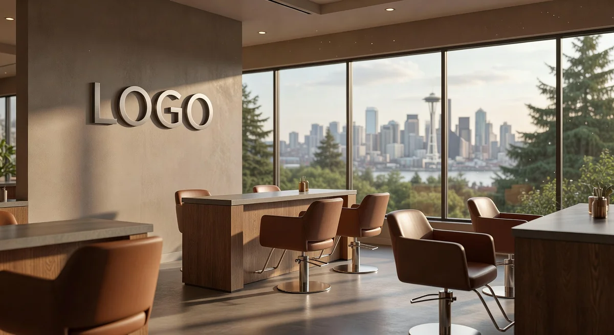 Seattle Recruiter High-End Salon Branded Virtual Office Background with Company Logo - Studio