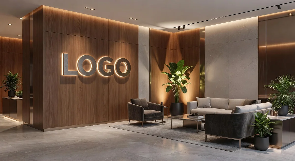 Headhunter Boutique Lobby Branded Virtual Office Background with Company Logo - Creative