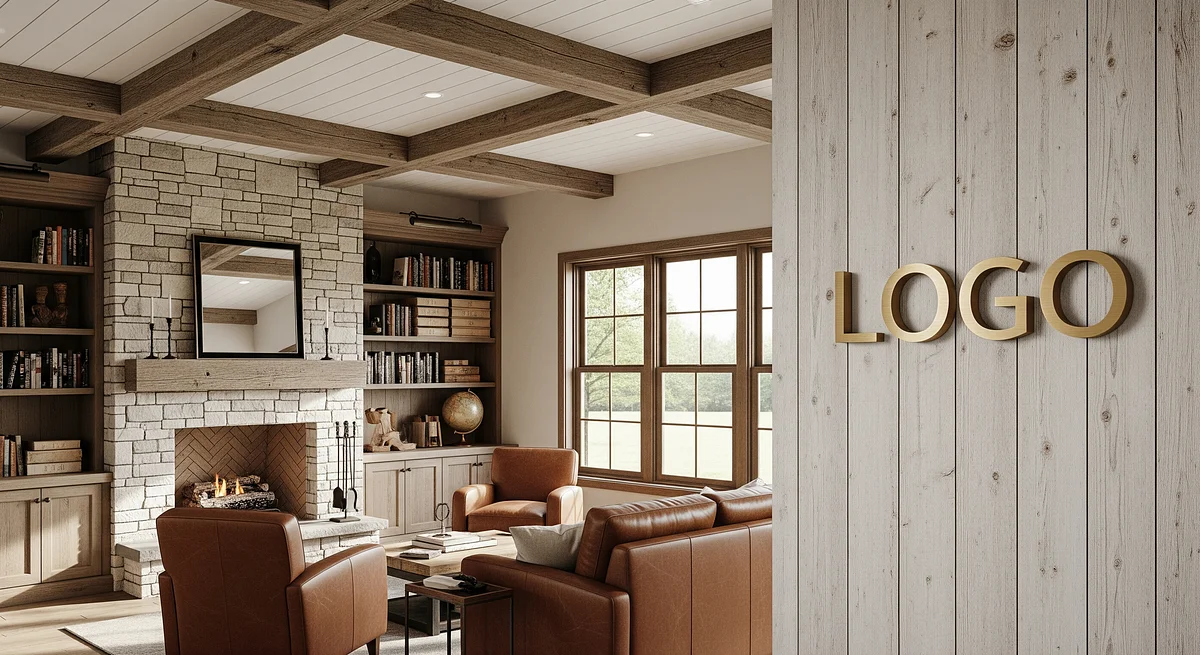 Investment Farmhouse Den Branded Virtual Office Background with Company Logo - Finance