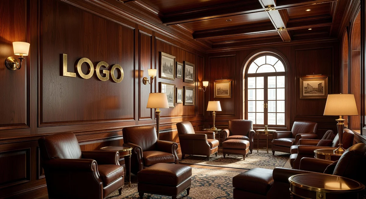 Asset Management Traditional Lounge Branded Virtual Office Background with Company Logo - Vintage