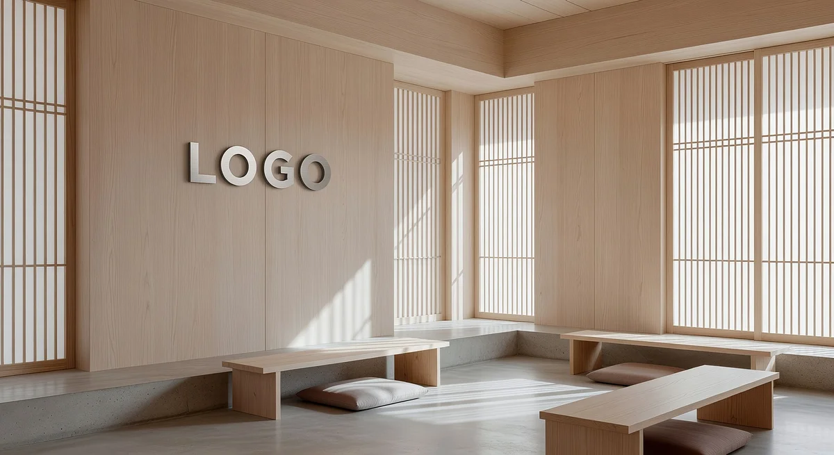 Architect Japanese Zen Meeting Room Branded Virtual Office Background with Company Logo - Legal