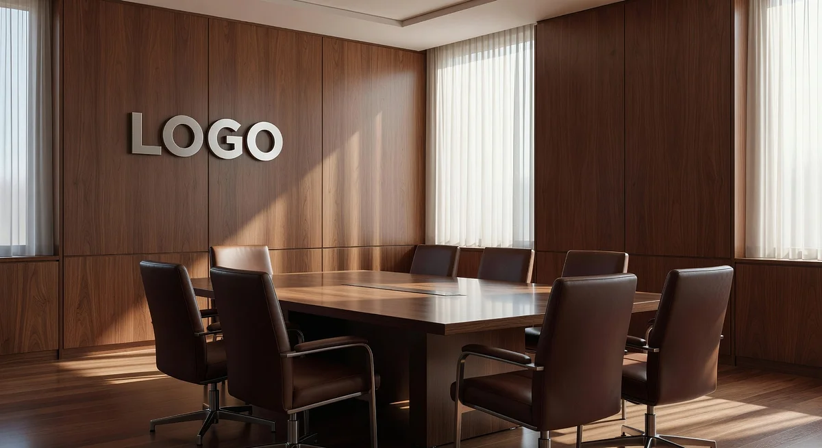 Legal Mid-Century Modern Boardroom Branded Virtual Office Background with Company Logo - Legal