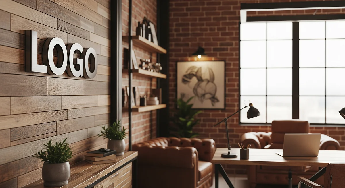 Rustic Office Warmth Branded Virtual Office Background with Company Logo - Creative